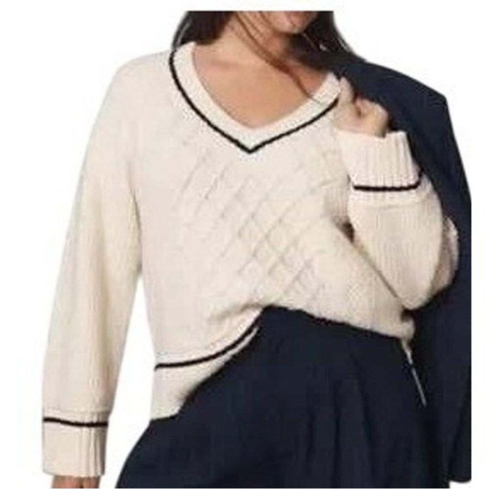 Anthropologie The Tillie Maeve Cream V-Neck Sweater Black Accents cotton sz S
